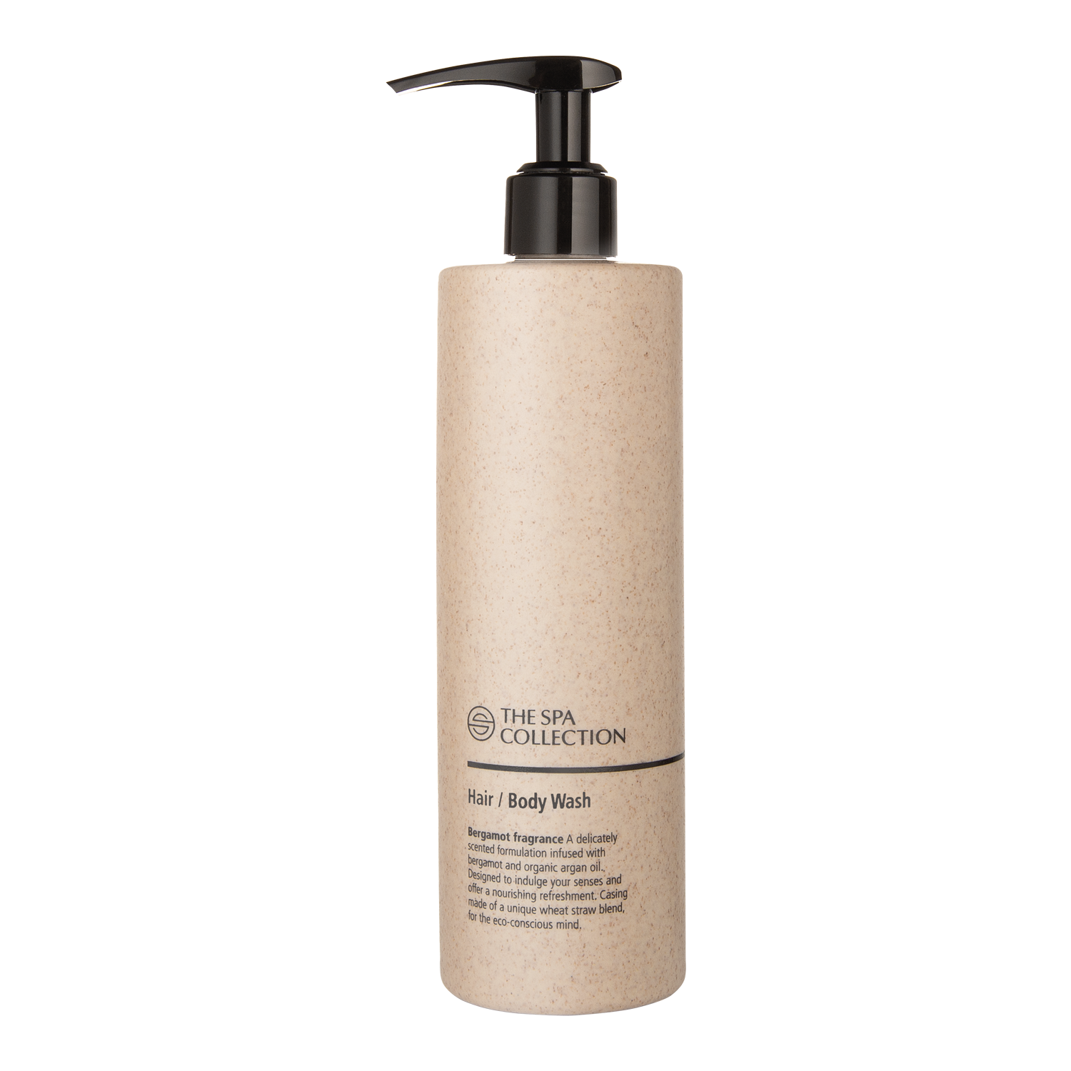 Eco-friendly luxurious hair and body wash with bergamot fragrance in 400ml recyclable wheatstraw bottle by The Spa Collection.