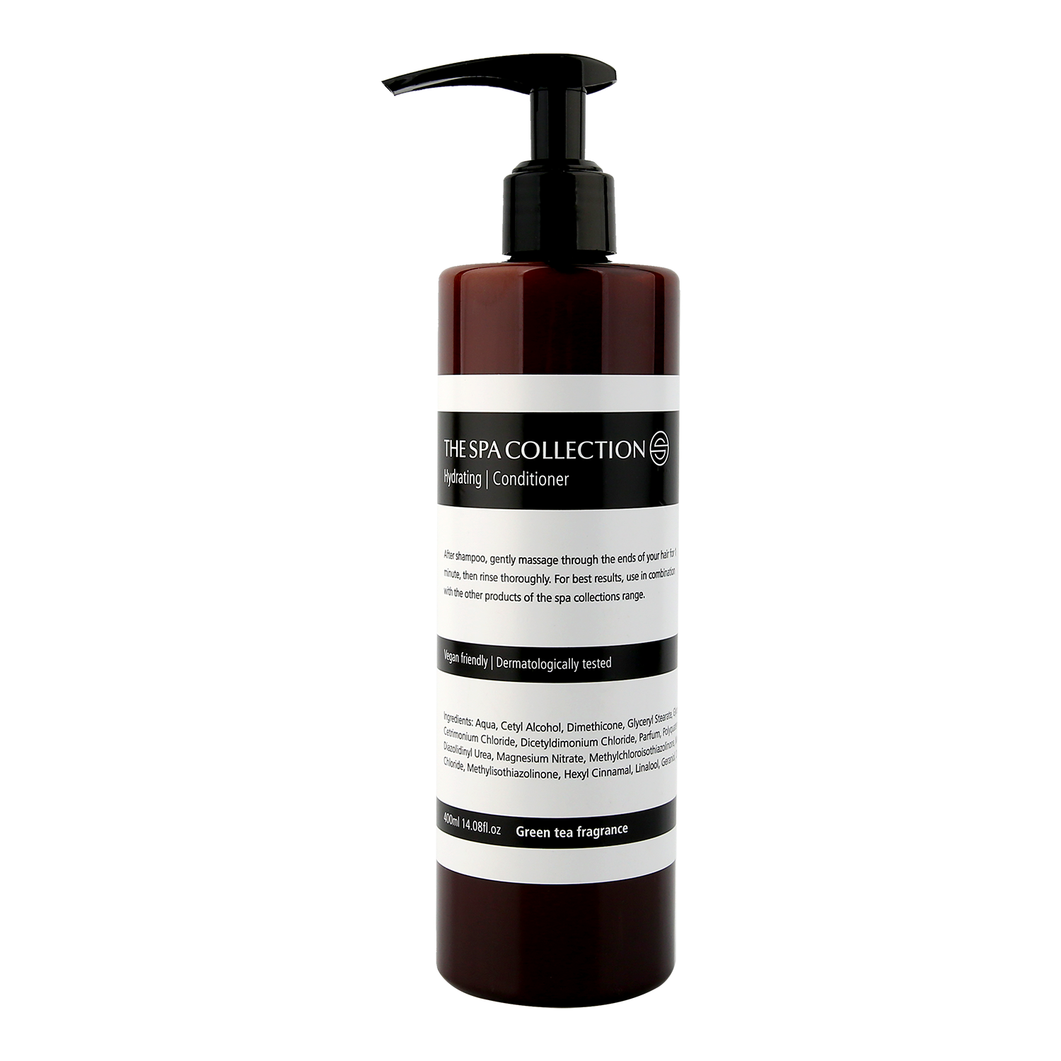 Premium conditioner with green tea fragrance by The Spa Collection in apothecary style bottle, aesthetic bathroom interior.