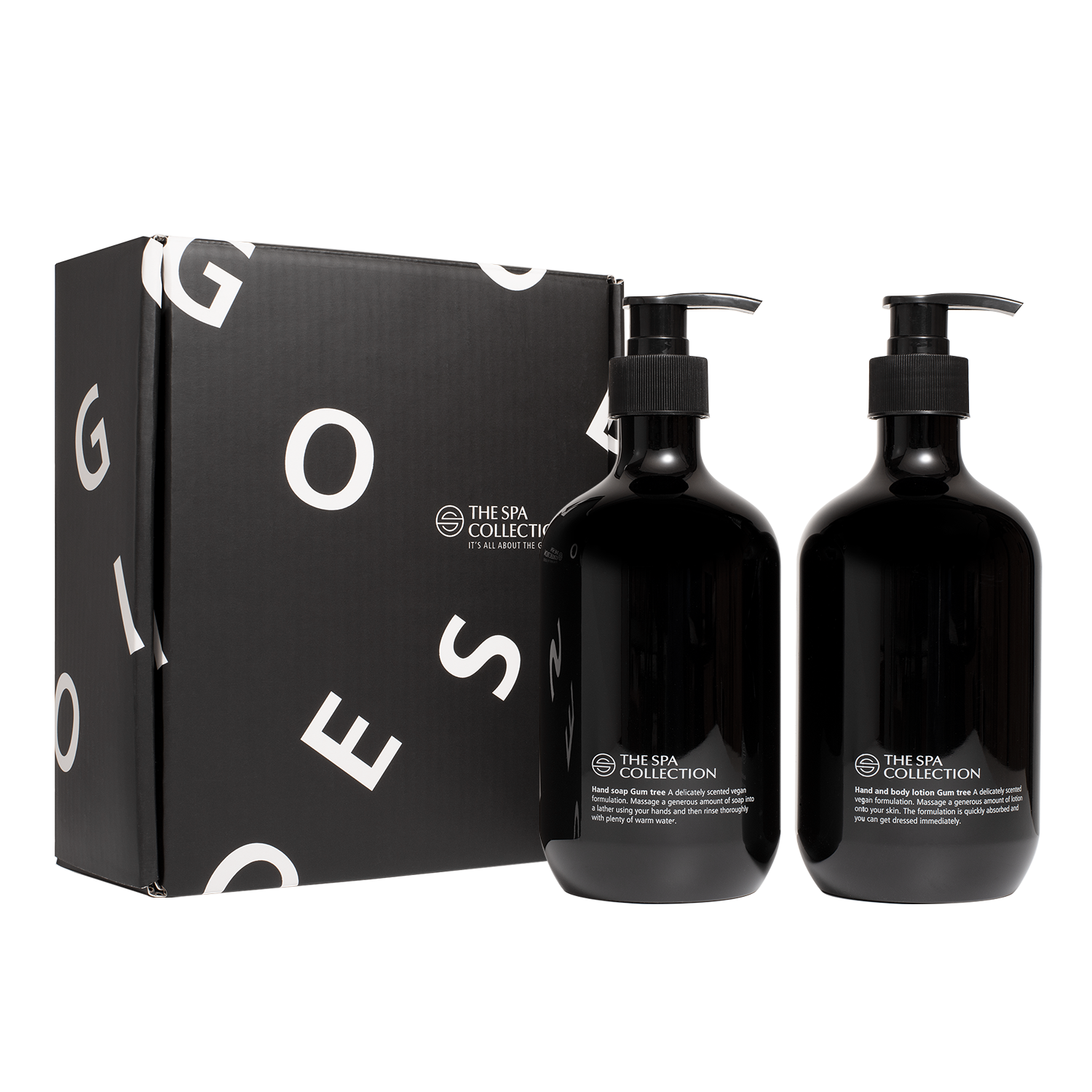 Eco-friendly Skincare Giftbox with hand soap + hand & body lotion - 475ml recycled bottle in Gum Tree fragrance in minimal modern black packaging by The Spa Collection 