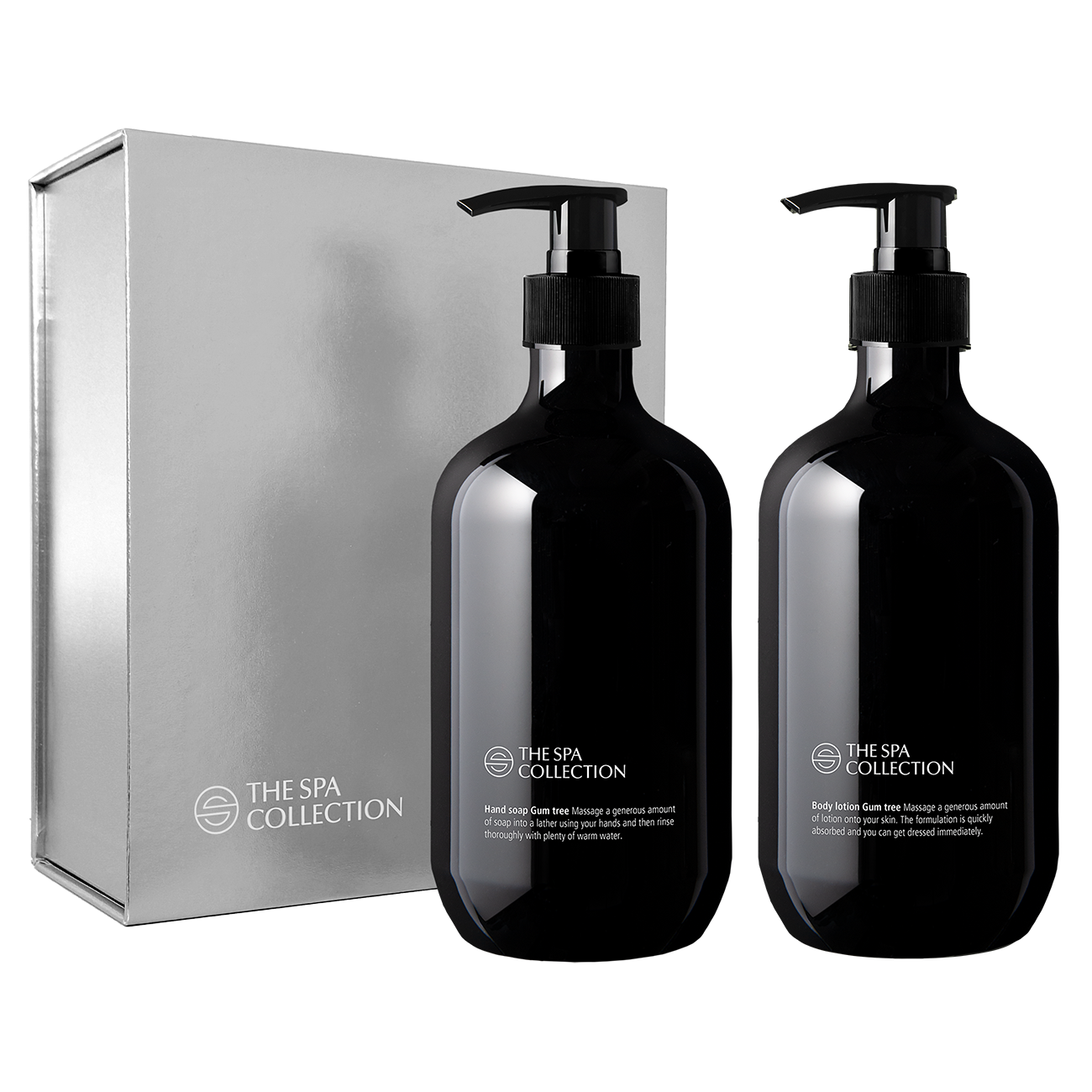 Silver giftbox | Hand soap & body lotion | Recycled 475 ml bottles | The Spa Collection Gum Tree