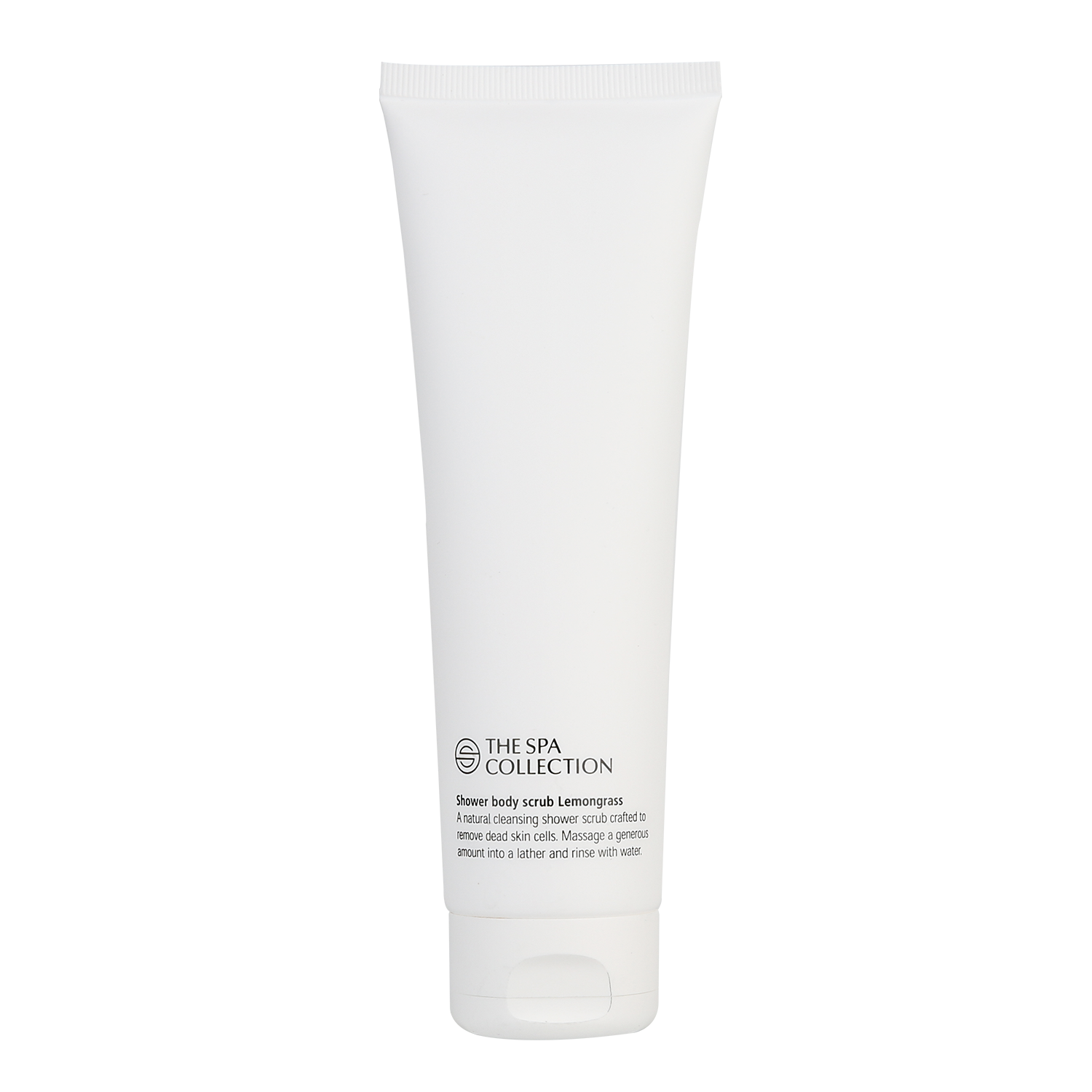 White tube luxurious Body scrub with lemongrass fragrance by The Spa Collection with 150ml tube.