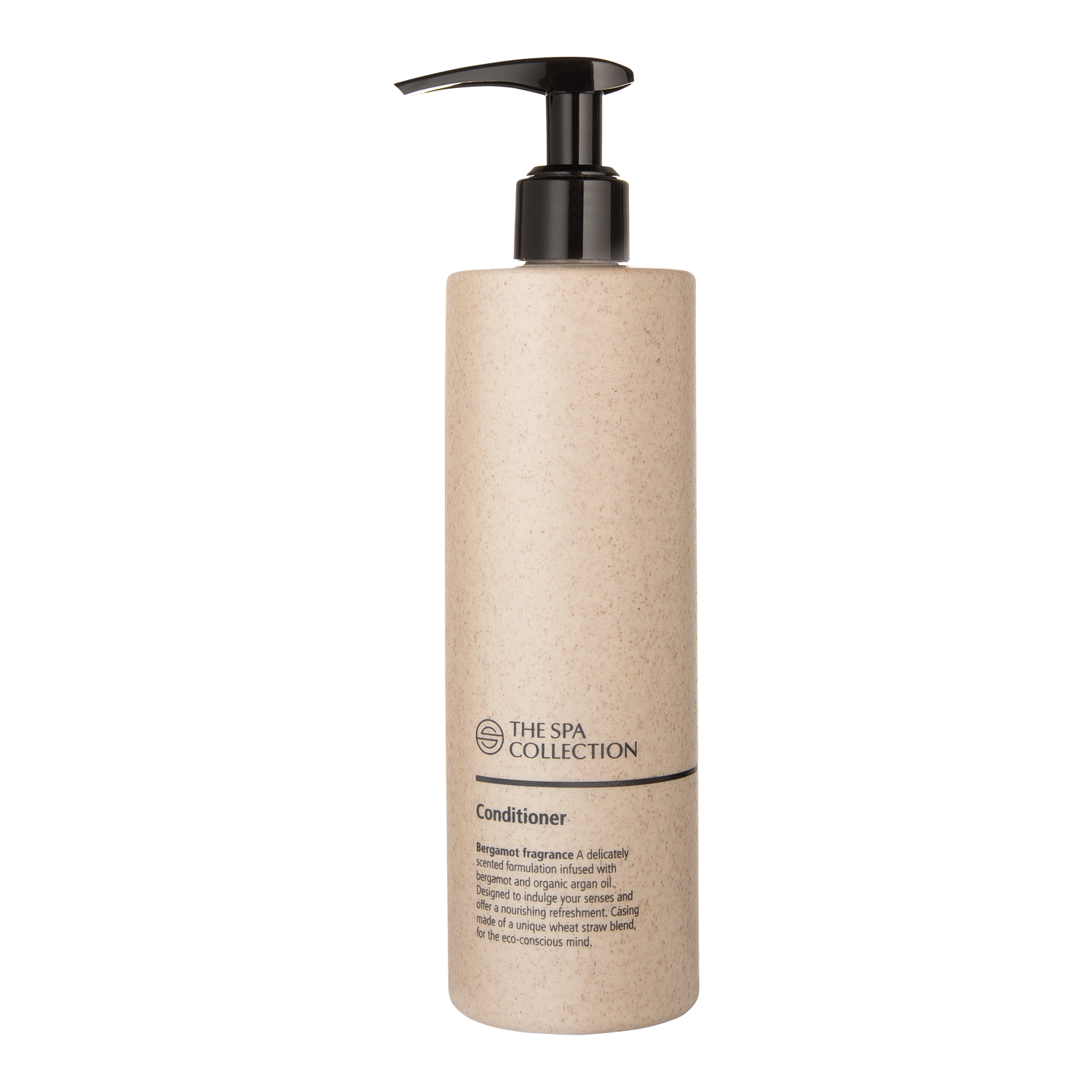 Eco-friendly conditioner with bergamot fragrance in recycled beige packaging with pump by The Spa Collection.