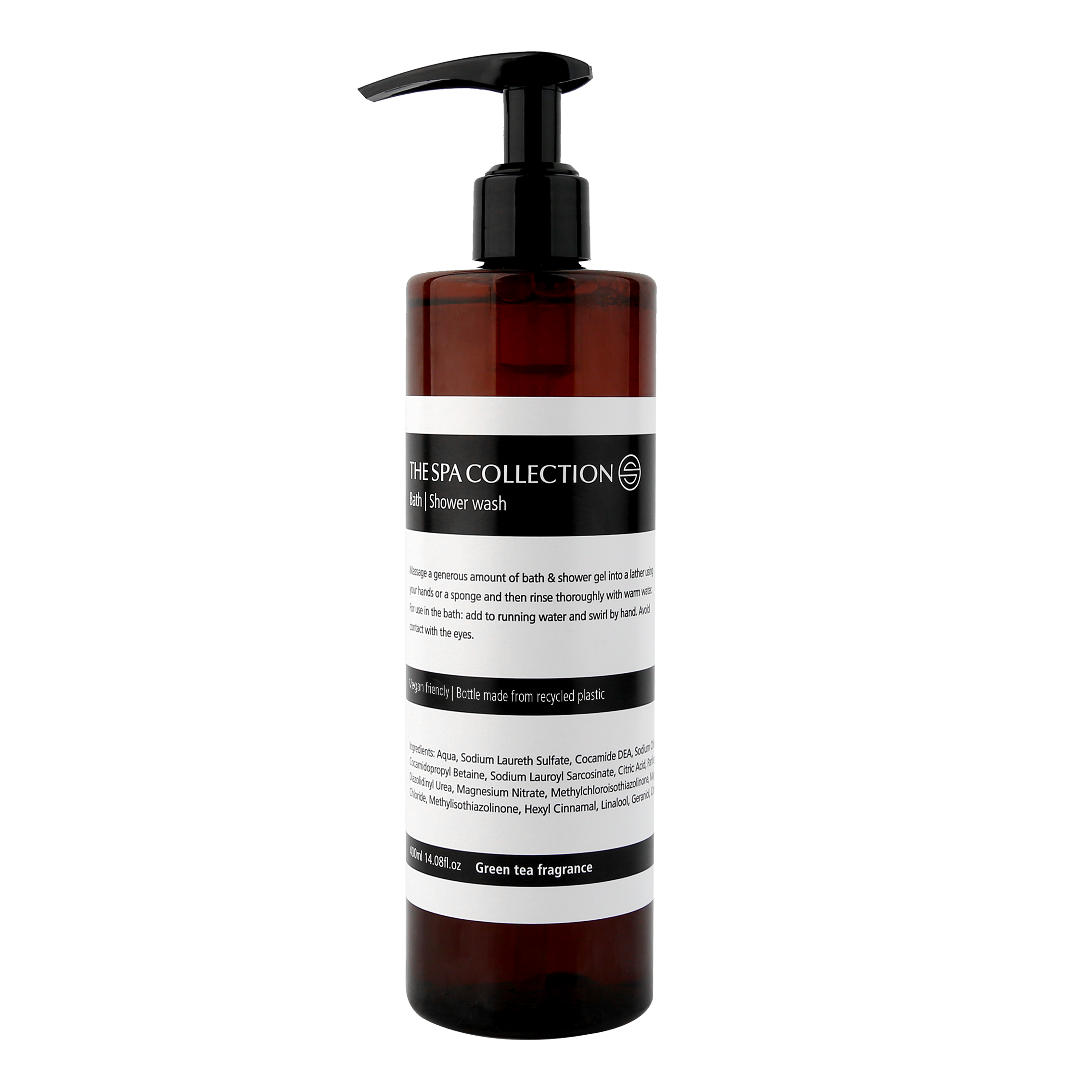 Vegan friendly luxurious body wash with green tee fragrance by The Spa Collection, in pharmacy-style modern bottle.