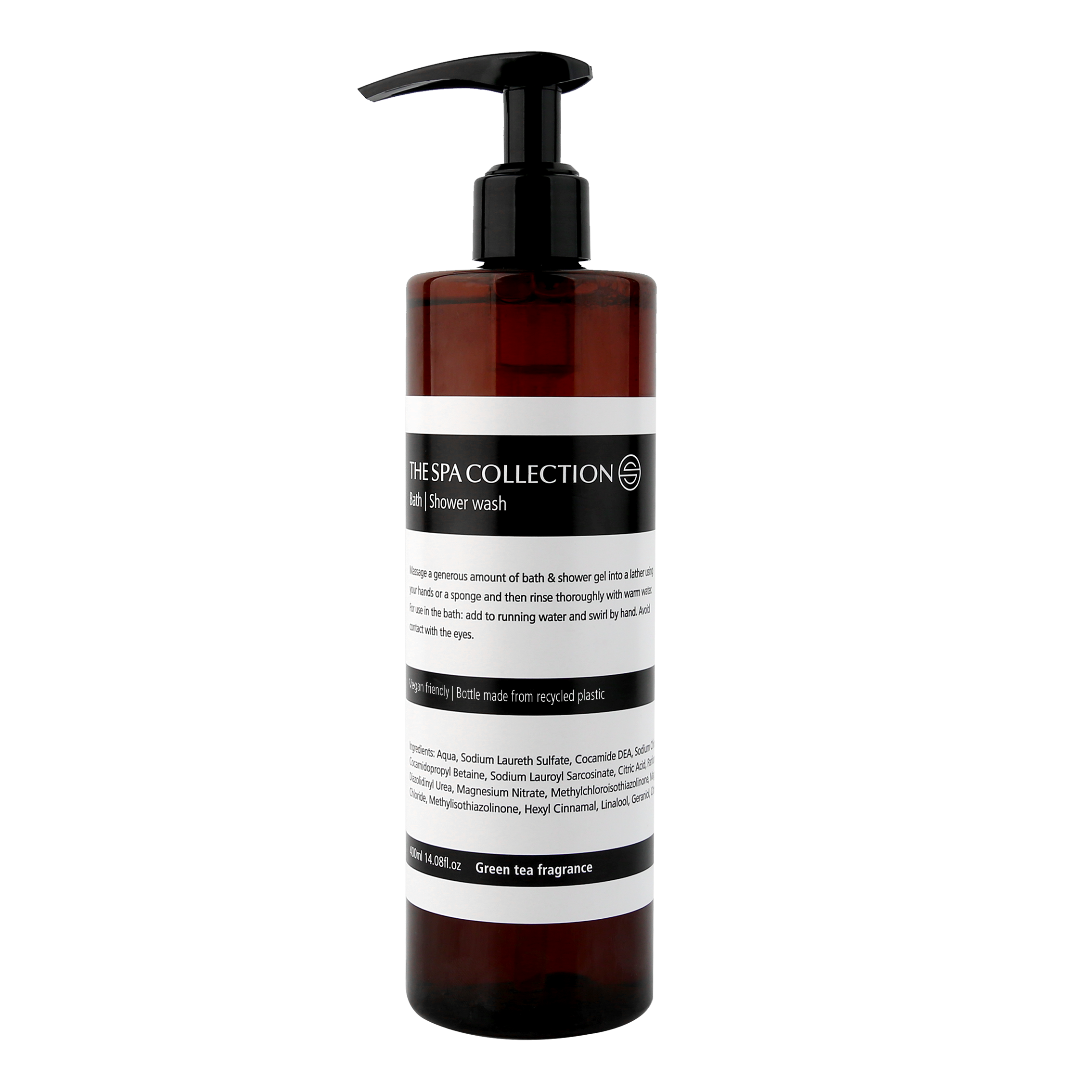 Vegan friendly luxurious body wash with green tee fragrance by The Spa Collection, in pharmacy-style modern 400 ml bottle