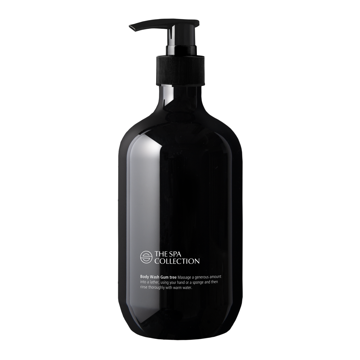Modern black 475ml bottle of eco-friendly gum tree scented body wash by The Spa Collection